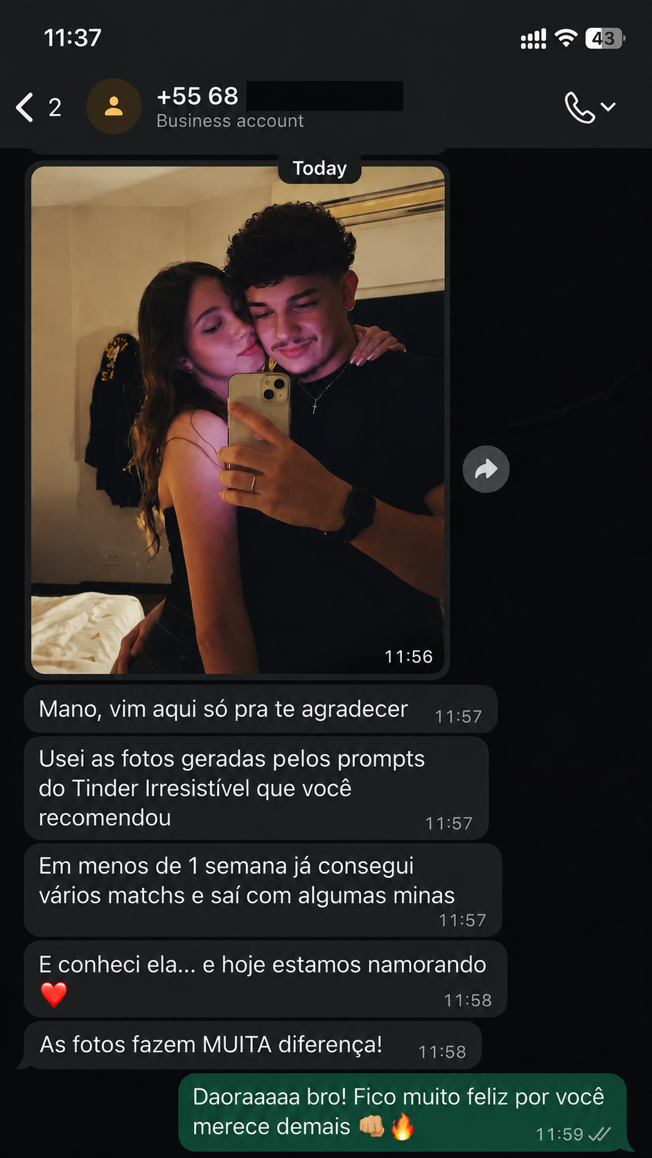 Depoimento de usuário mostrando aumento de matches no Tinder após usar os prompts (4)